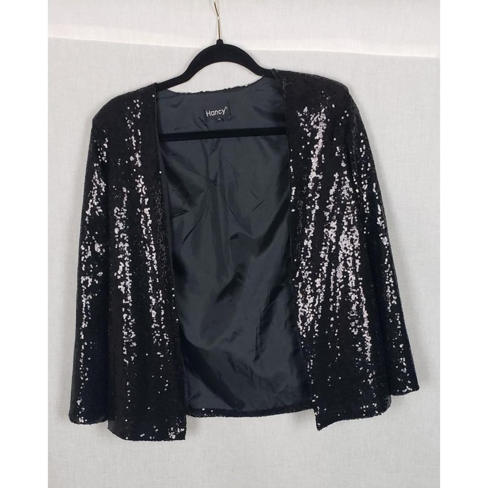Hancy Poncho Jacket M Black Sequin Open‎ Front Sparkle New Years Holiday Party